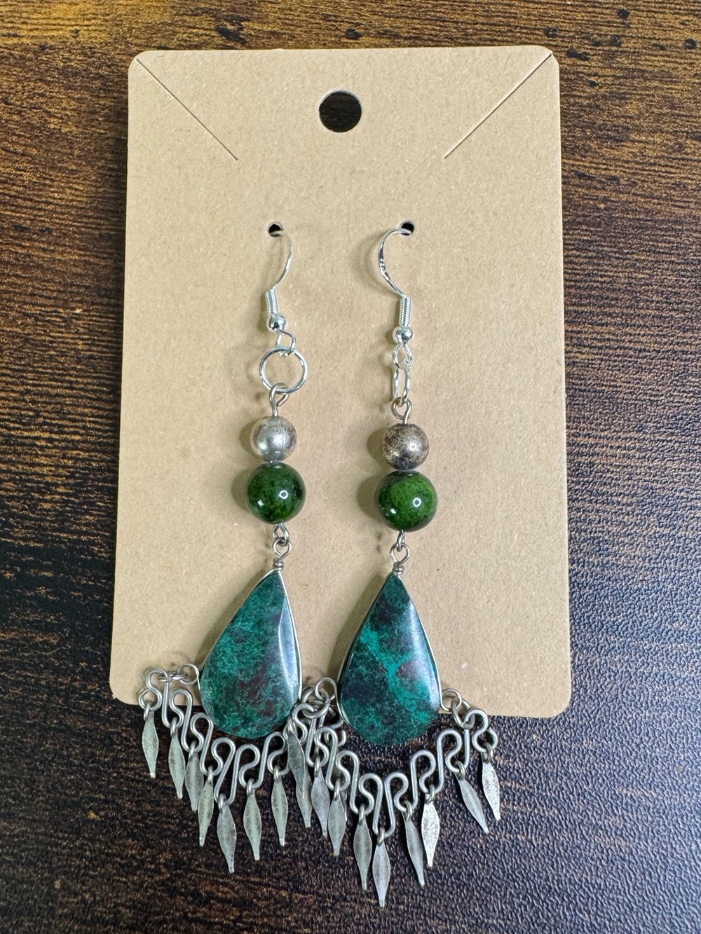 Hand Crafted Green Stone Teardrop Fringe Earrings with Silver Tone Beads